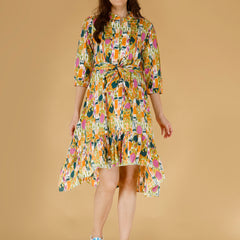 Printed Multicolor Cotton Blend Ethnic Frill Dress