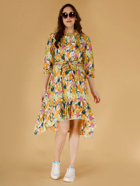 Women's Yellow Multicolour Abstract Print Cotton Frill Dress