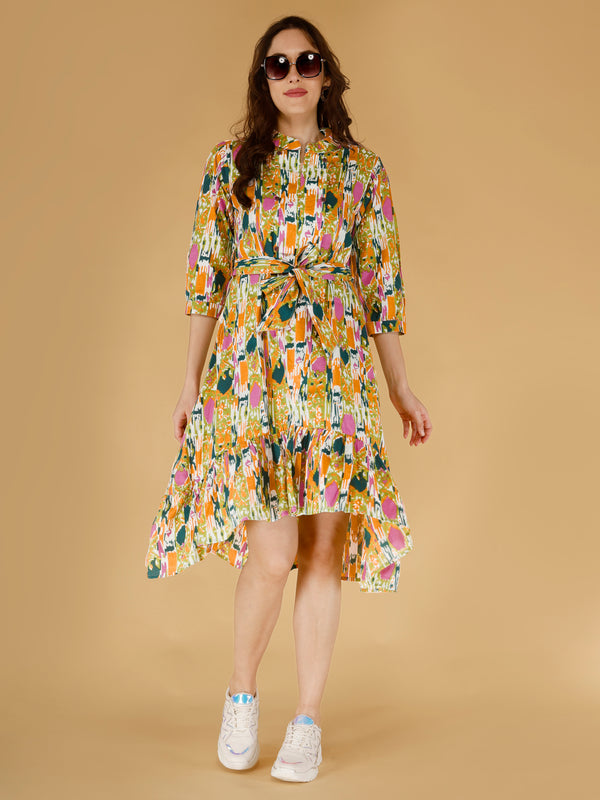 Printed Multicolor Cotton Blend Ethnic Frill Dress