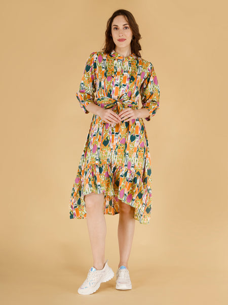 Printed Multicolor Cotton Blend Ethnic Frill Dress