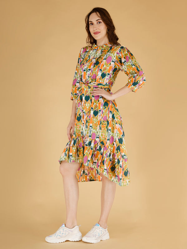 Printed Multicolor Cotton Blend Ethnic Frill Dress