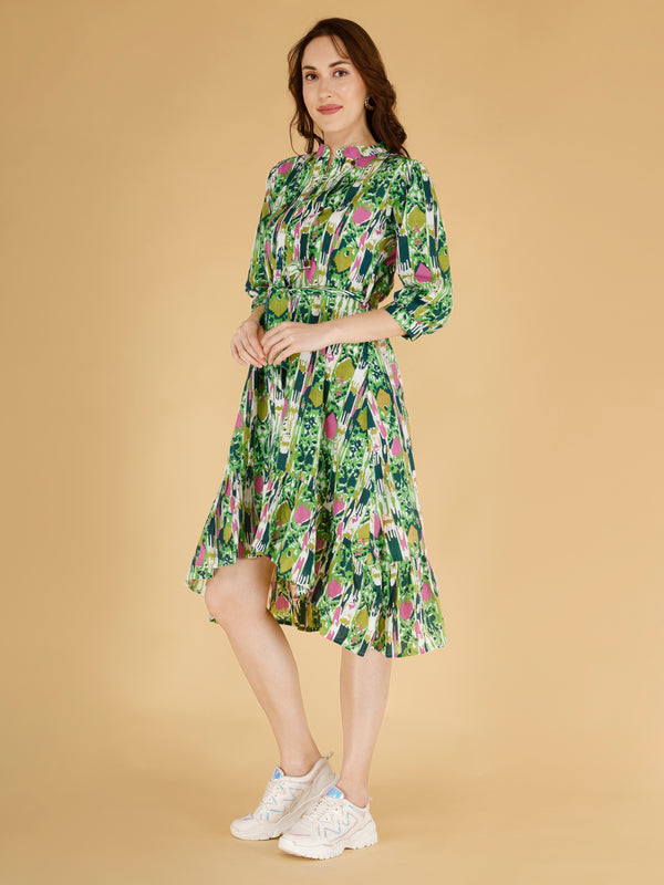 Printed Multicolor Cotton Blend Ethnic Frill Dress