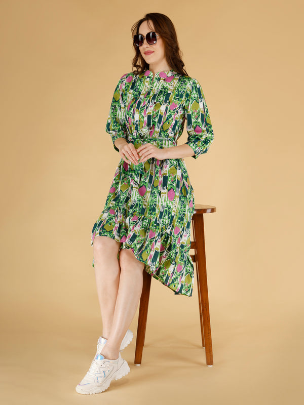 Printed Multicolor Cotton Blend Ethnic Frill Dress