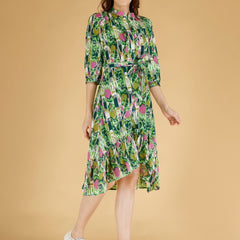 Printed Multicolor Cotton Blend Ethnic Frill Dress