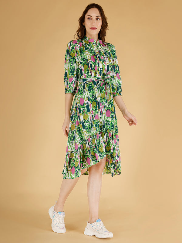 Printed Multicolor Cotton Blend Ethnic Frill Dress