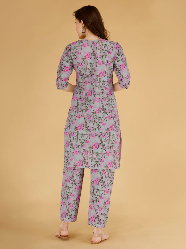 Classic Cotton Light Pink Floral Printed Kurta Set