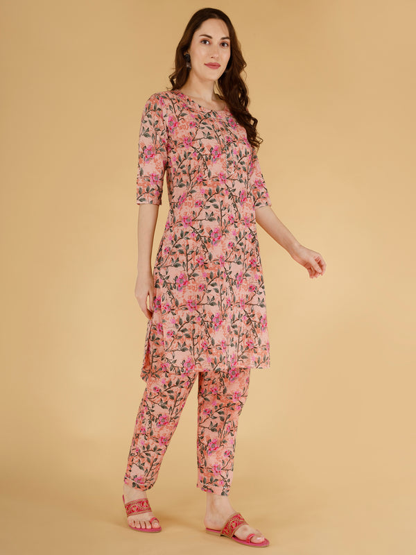 Classic Cotton Light Pink Floral Printed Kurta Set