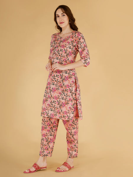 Classic Cotton Peach Pink Floral Printed Kurta Set
