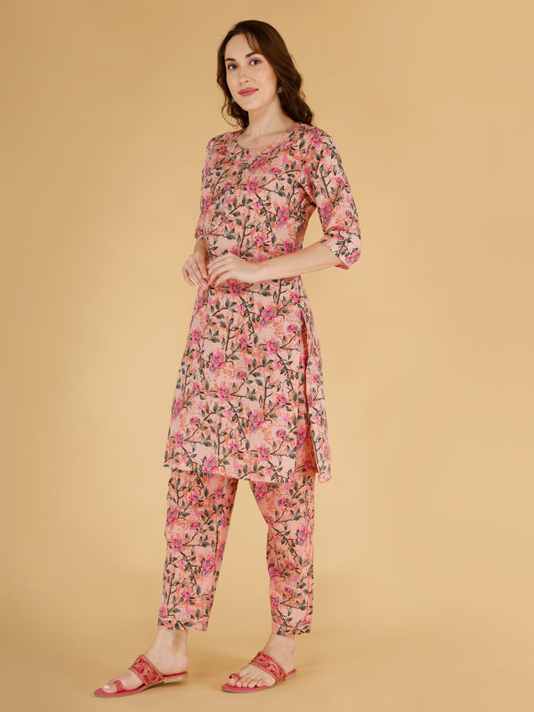 Classic Cotton Light Pink Floral Printed Kurta Set