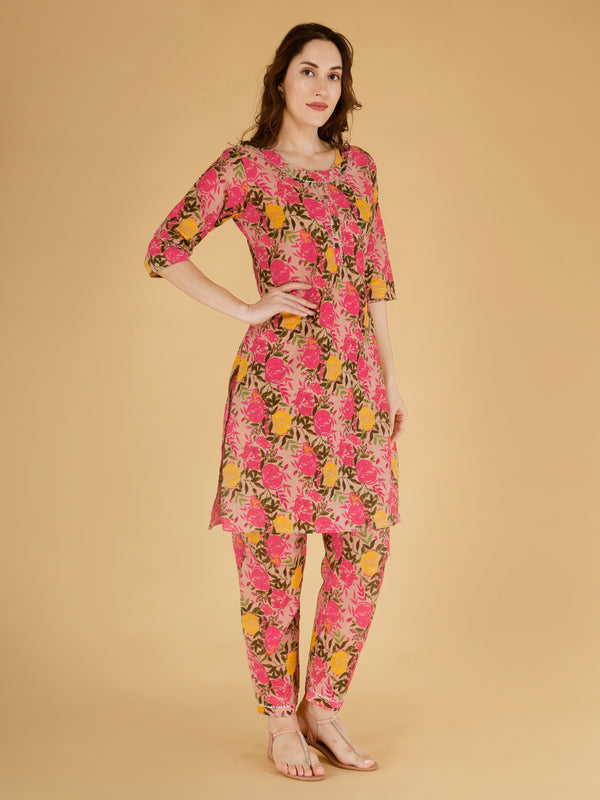 Classic Cotton Light Pink Floral Printed Kurta Set