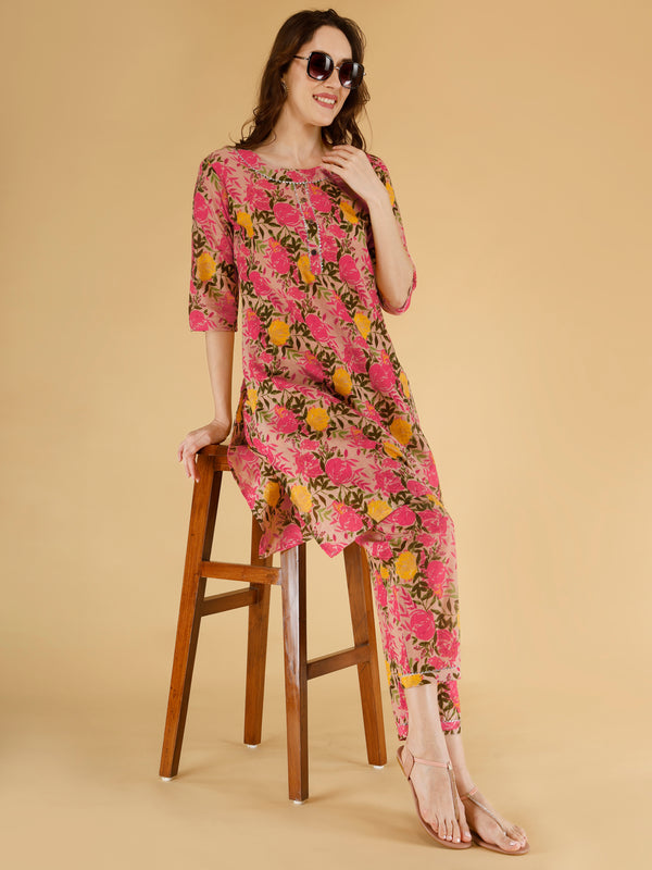 Classic Cotton Light Pink Floral Printed Kurta Set
