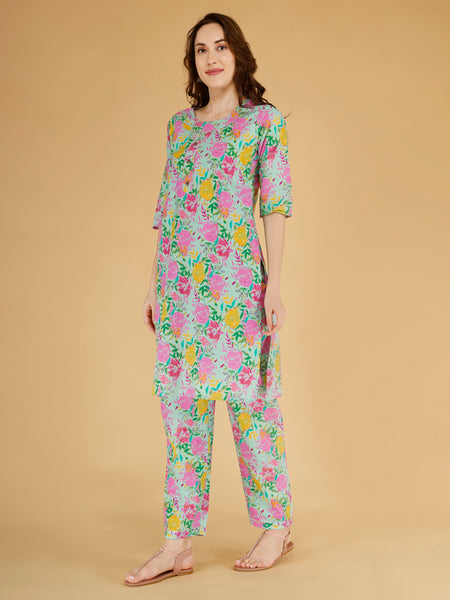 Classic Cotton Mint Green Floral Printed Kurta Set
