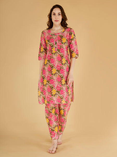 Classic Cotton Light Pink Floral Printed Kurta Set