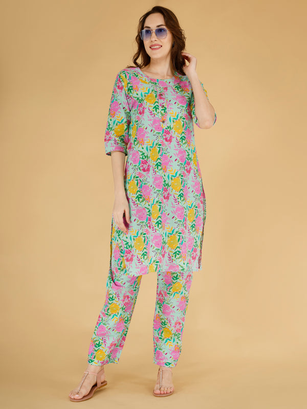 Classic Cotton Light Pink Floral Printed Kurta Set