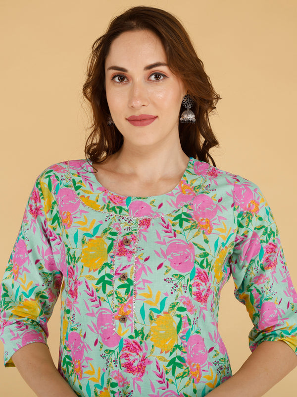 Classic Cotton Light Pink Floral Printed Kurta Set