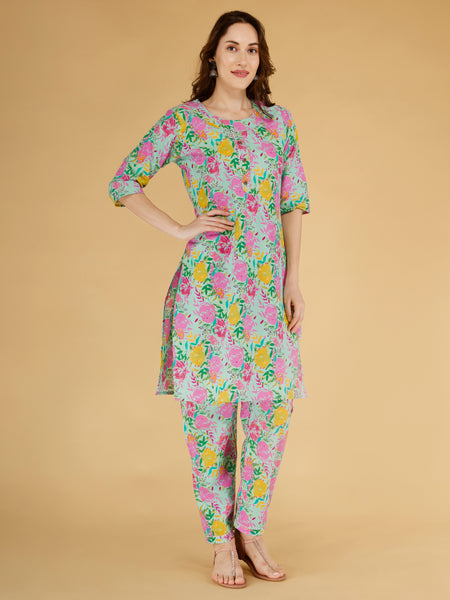 Women's Mint Green Floral Print Cotton Kurta & Palazzo Set