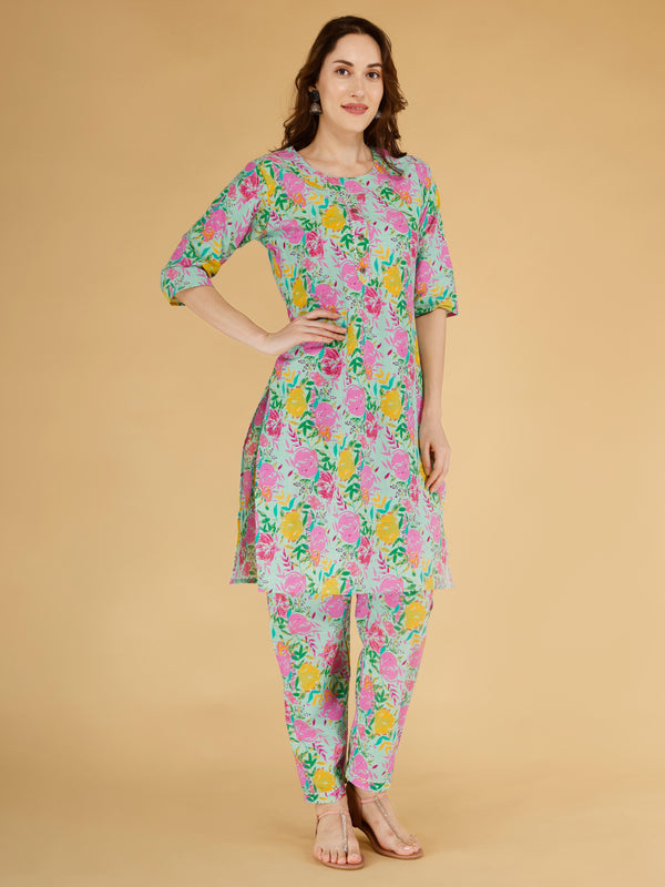 Classic Cotton Light Pink Floral Printed Kurta Set