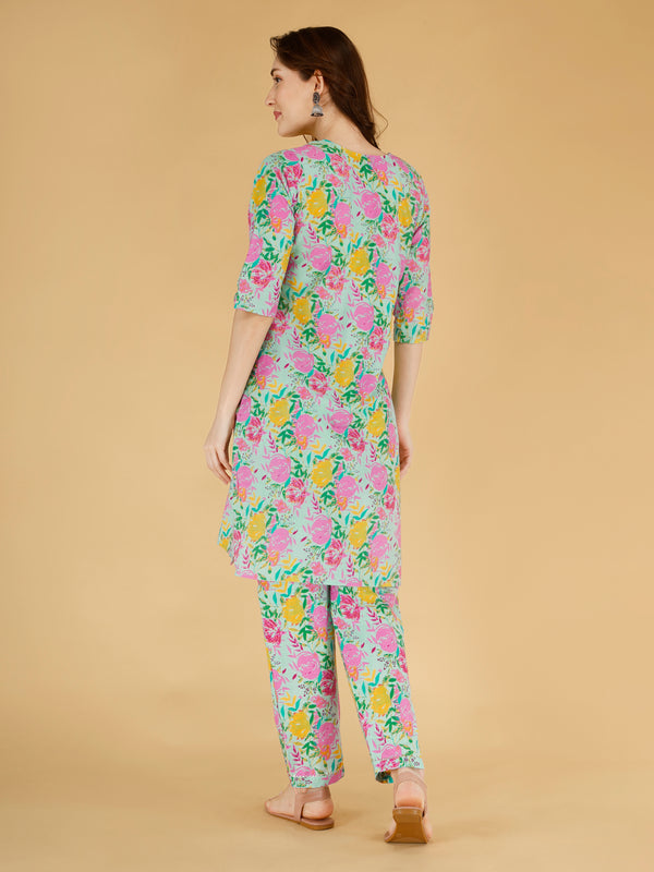 Classic Cotton Light Pink Floral Printed Kurta Set