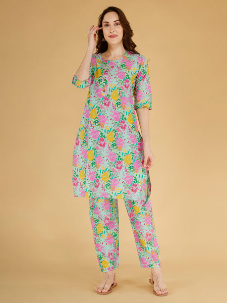 Classic Cotton Mint Green Floral Printed Kurta Set