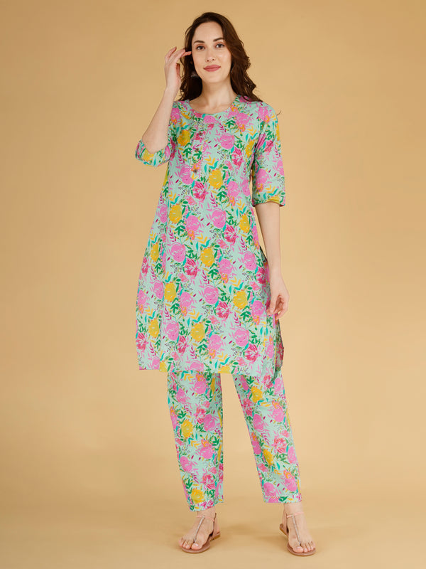 Classic Cotton Light Pink Floral Printed Kurta Set