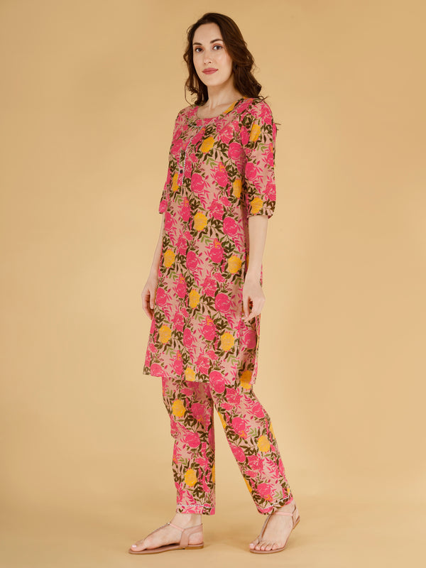 Classic Cotton Light Pink Floral Printed Kurta Set