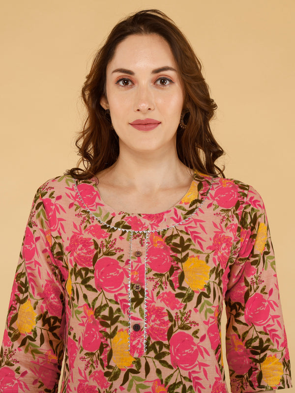 Classic Cotton Light Pink Floral Printed Kurta Set