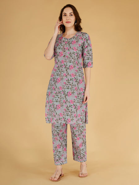 Classic Cotton Grey Floral Printed Kurta Set