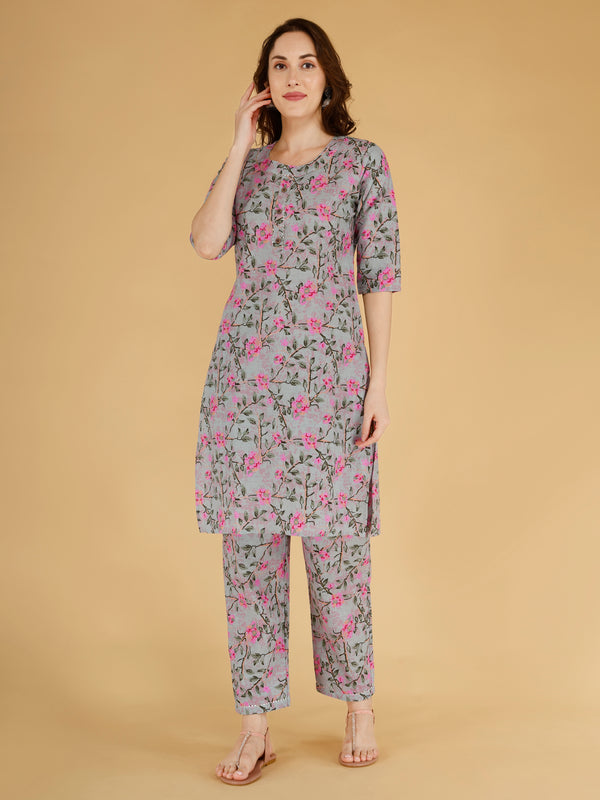 Classic Cotton Light Pink Floral Printed Kurta Set