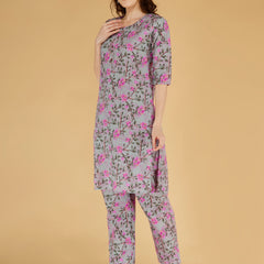 Classic Cotton Light Pink Floral Printed Kurta Set