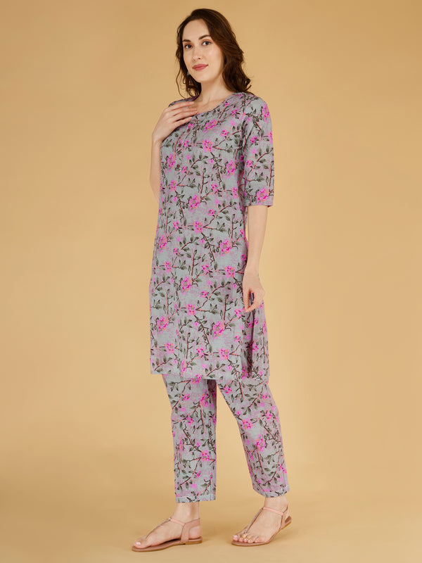 Classic Cotton Light Pink Floral Printed Kurta Set
