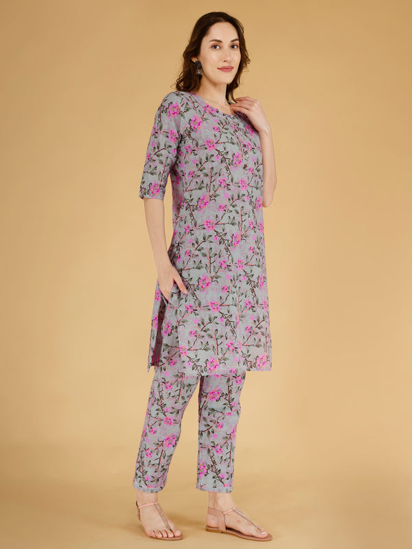 Classic Cotton Light Pink Floral Printed Kurta Set