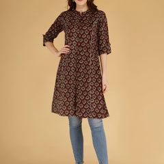 Maroon Printed Cotton Blend Ethnic A-Line Kurta