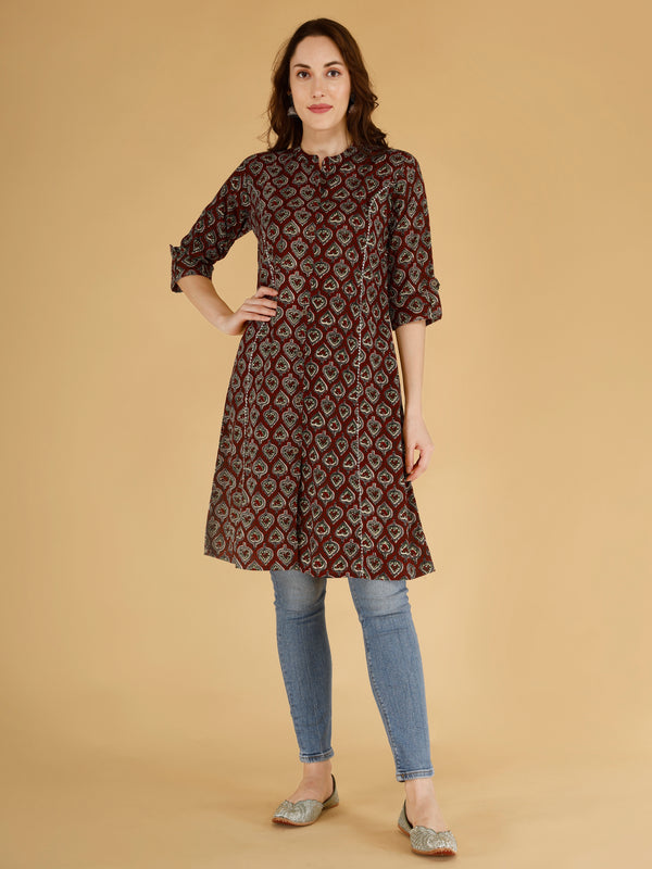 Maroon Printed Cotton Blend Ethnic A-Line Kurta