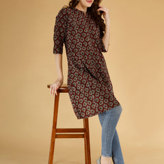 Maroon Printed Cotton Blend Ethnic A-Line Kurta