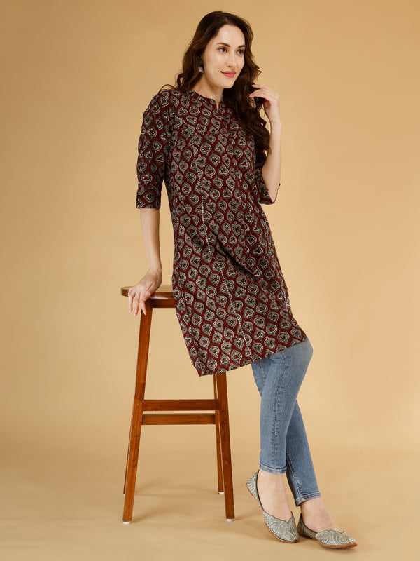 Maroon Printed Cotton Blend Ethnic A-Line Kurta
