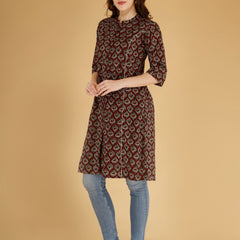 Maroon Printed Cotton Blend Ethnic A-Line Kurta