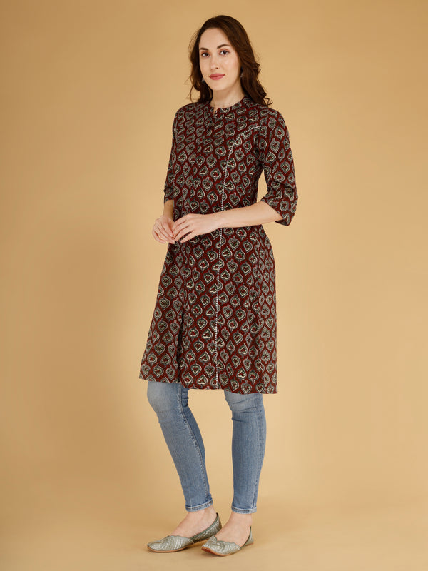 Maroon Printed Cotton Blend Ethnic A-Line Kurta