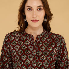 Maroon Printed Cotton Blend Ethnic A-Line Kurta
