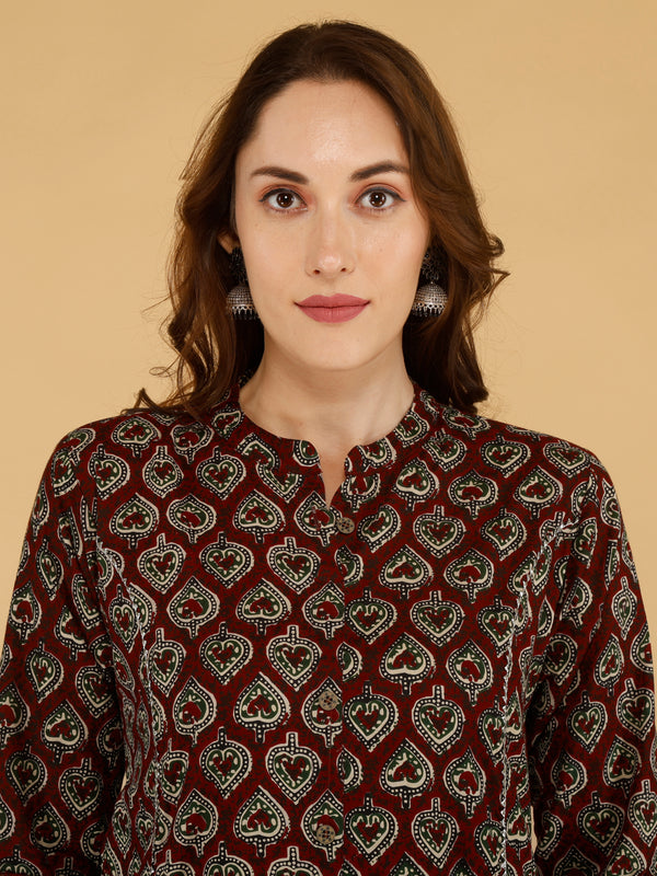 Maroon Printed Cotton Blend Ethnic A-Line Kurta