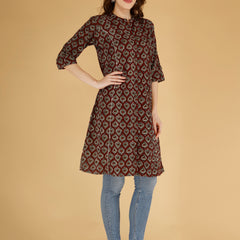 Maroon Printed Cotton Blend Ethnic A-Line Kurta