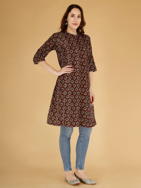 Maroon Printed Cotton Blend Ethnic A-Line Kurta