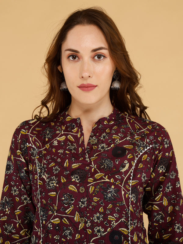 Bird Blue Printed Cotton Blend Ethnic A-Line Kurta