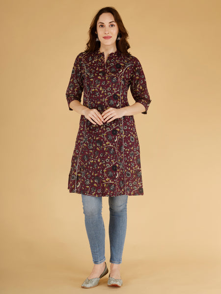 Bird Red Printed Cotton Blend Ethnic A-Line Kurta