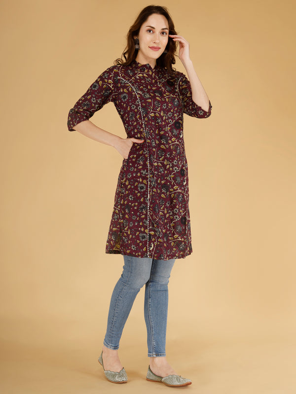Bird Blue Printed Cotton Blend Ethnic A-Line Kurta