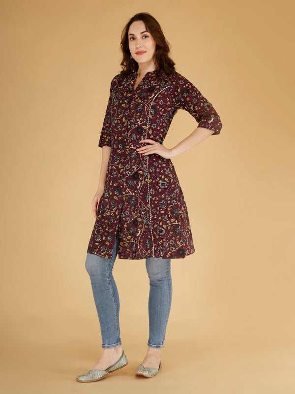 Bird Blue Printed Cotton Blend Ethnic A-Line Kurta