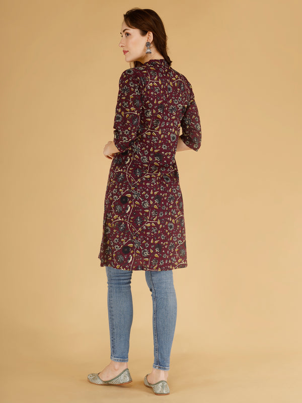 Bird Blue Printed Cotton Blend Ethnic A-Line Kurta