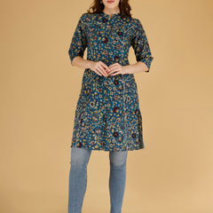 Bird Blue Printed Cotton Blend Ethnic A-Line Kurta