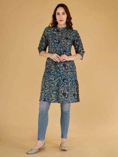 Bird Blue Printed Cotton Blend Ethnic A-Line Kurta