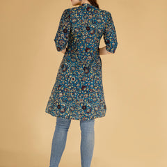 Bird Blue Printed Cotton Blend Ethnic A-Line Kurta
