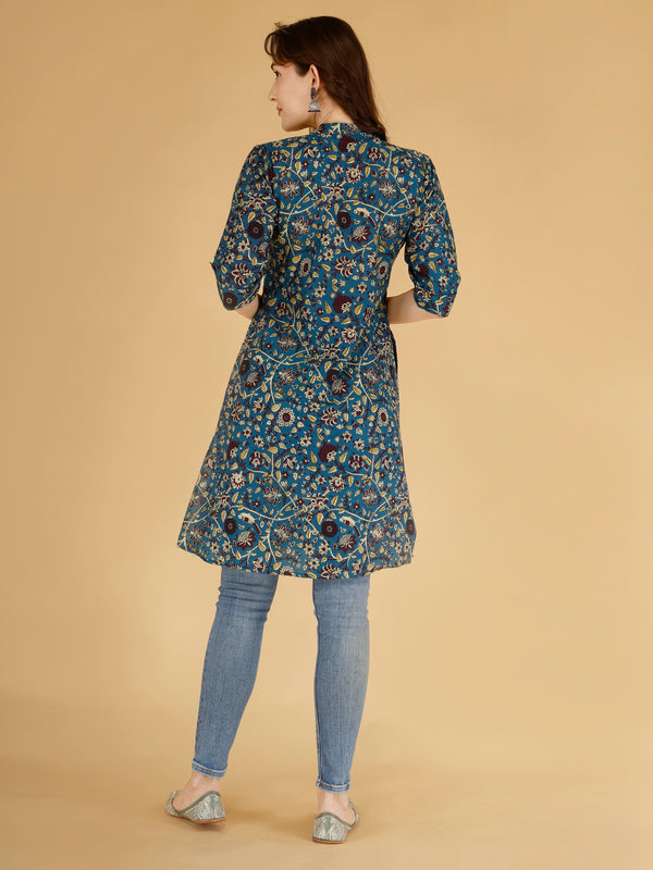Bird Blue Printed Cotton Blend Ethnic A-Line Kurta